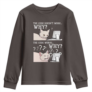 Funny Coder Youth Sweatshirt The Code Doesn't Work Why Cat Meme TS09 Dark Chocolate Print Your Wear