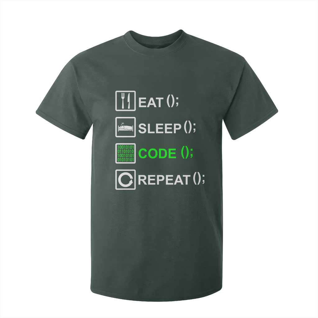 Funny Coder T Shirt For Kid Eat Sleep Code Repeat TS09 Dark Forest Green Print Your Wear