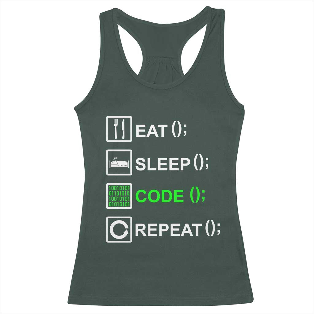 Funny Coder Racerback Tank Top Eat Sleep Code Repeat TS09 Dark Forest Green Print Your Wear