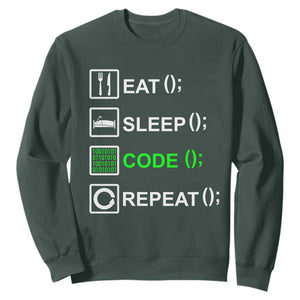 Funny Coder Sweatshirt Eat Sleep Code Repeat TS09 Dark Forest Green Print Your Wear
