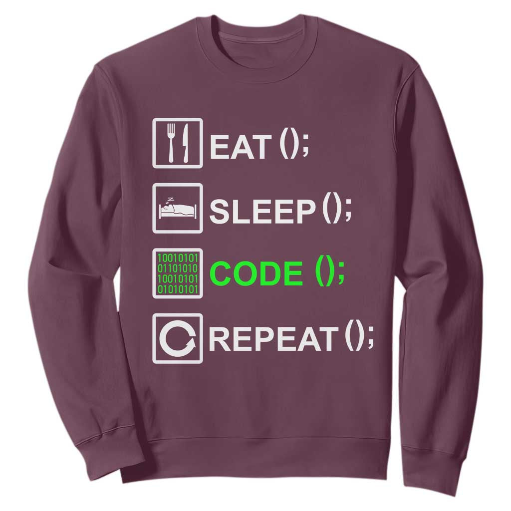 Funny Coder Sweatshirt Eat Sleep Code Repeat TS09 Maroon Print Your Wear