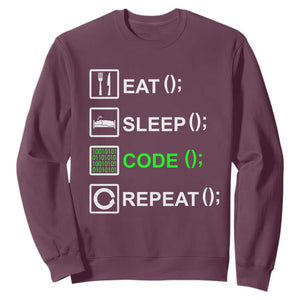 Funny Coder Sweatshirt Eat Sleep Code Repeat TS09 Maroon Print Your Wear