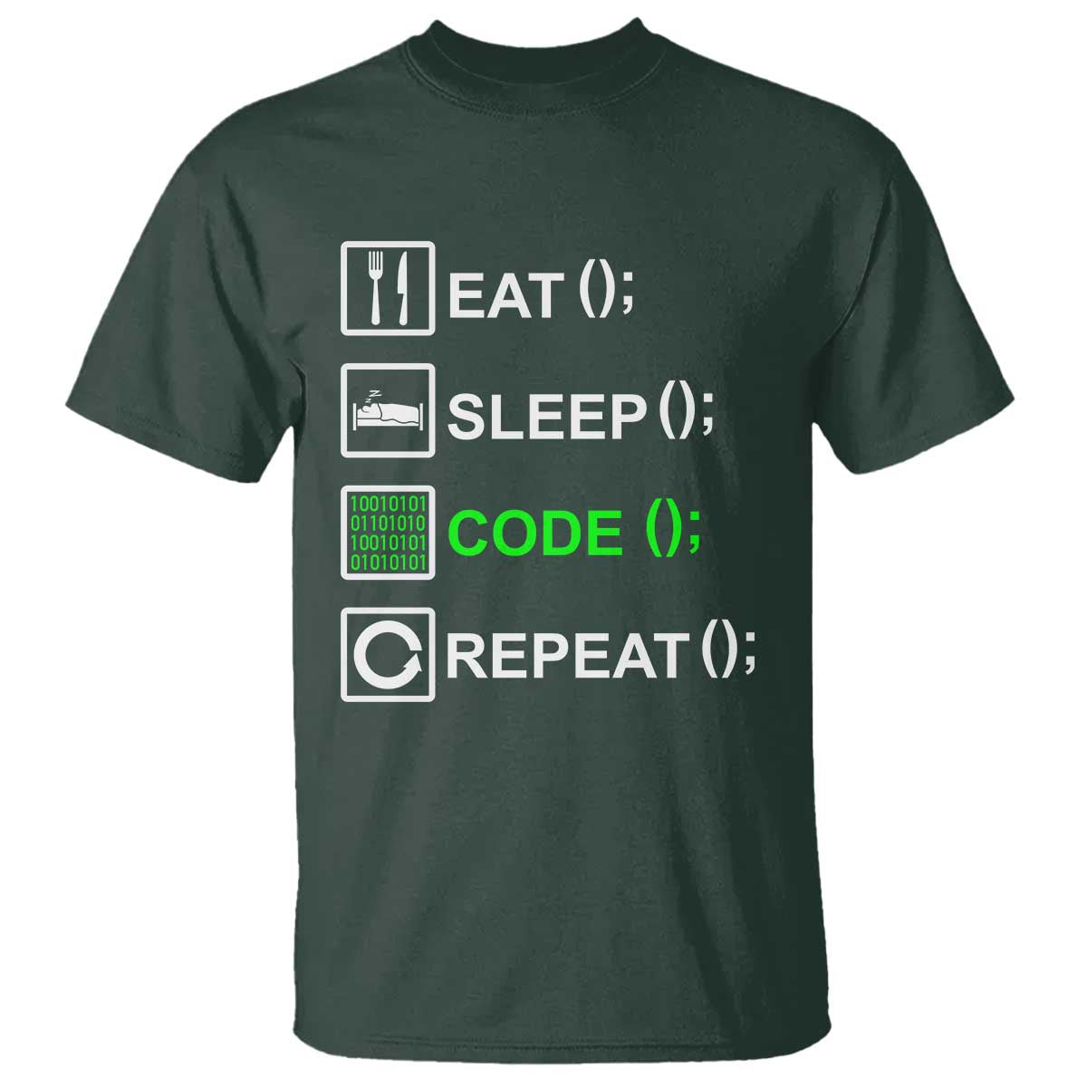 Funny Coder T Shirt Eat Sleep Code Repeat TS09 Dark Forest Green Print Your Wear