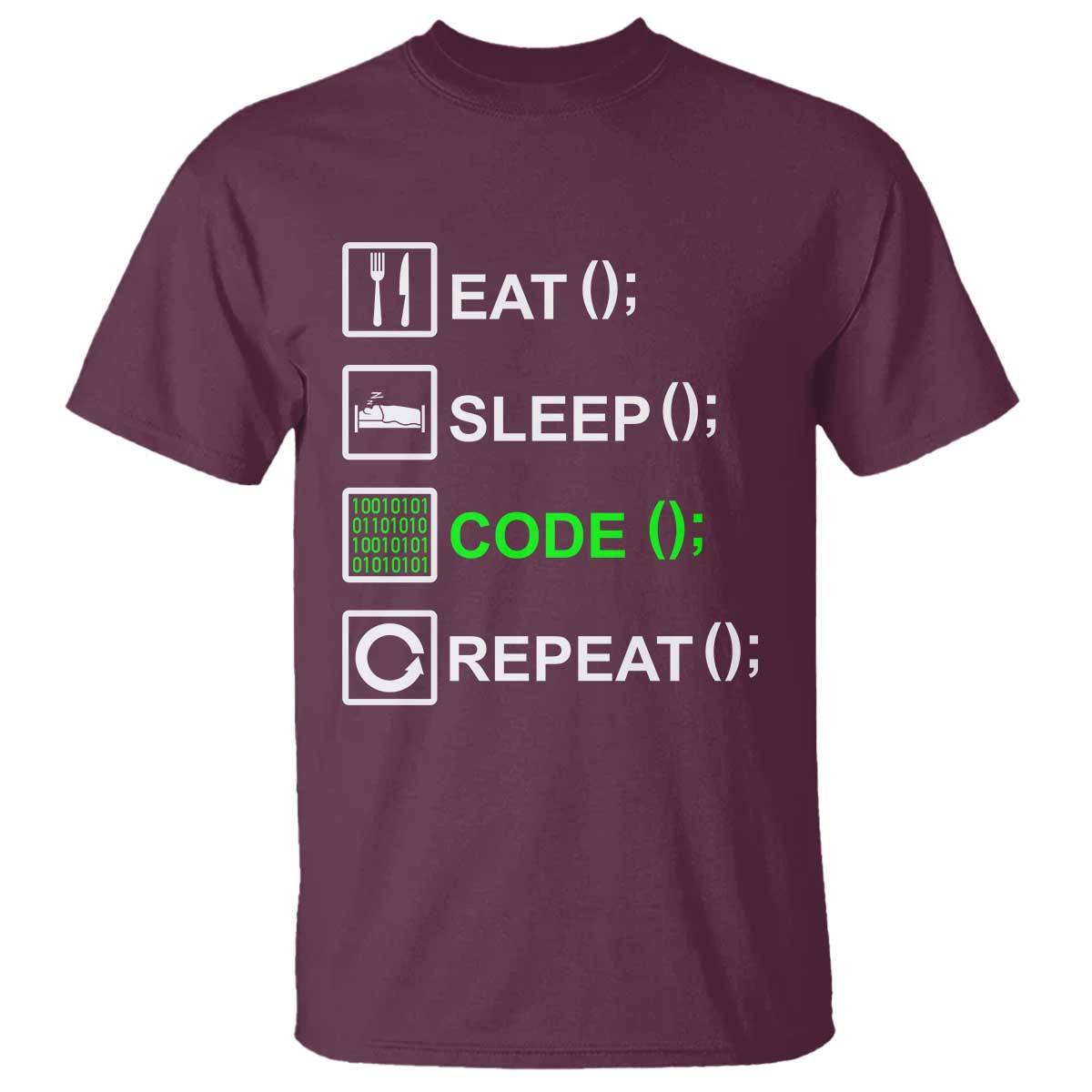 Funny Coder T Shirt Eat Sleep Code Repeat TS09 Maroon Print Your Wear