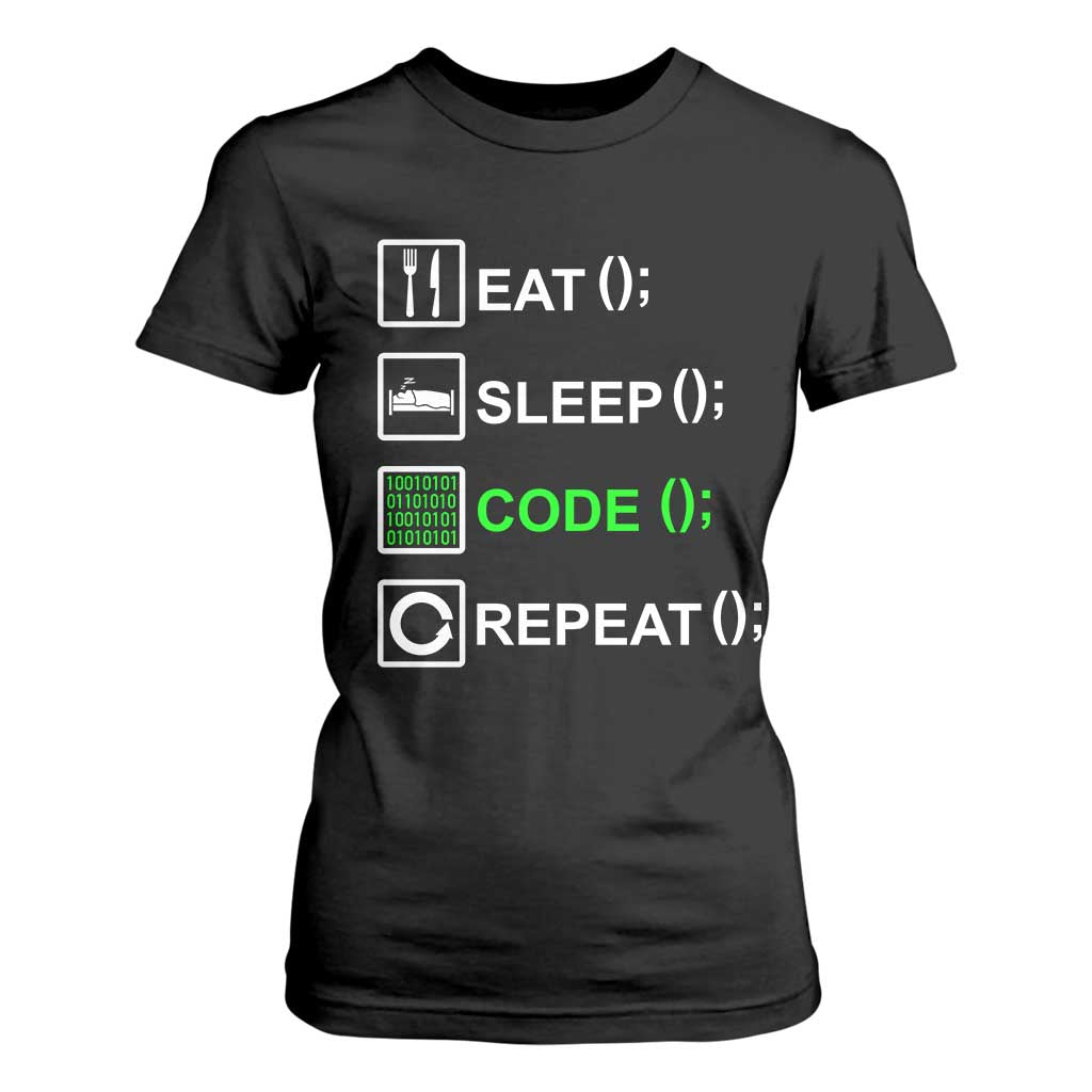 Funny Coder T Shirt For Women Eat Sleep Code Repeat TS09 Black Print Your Wear