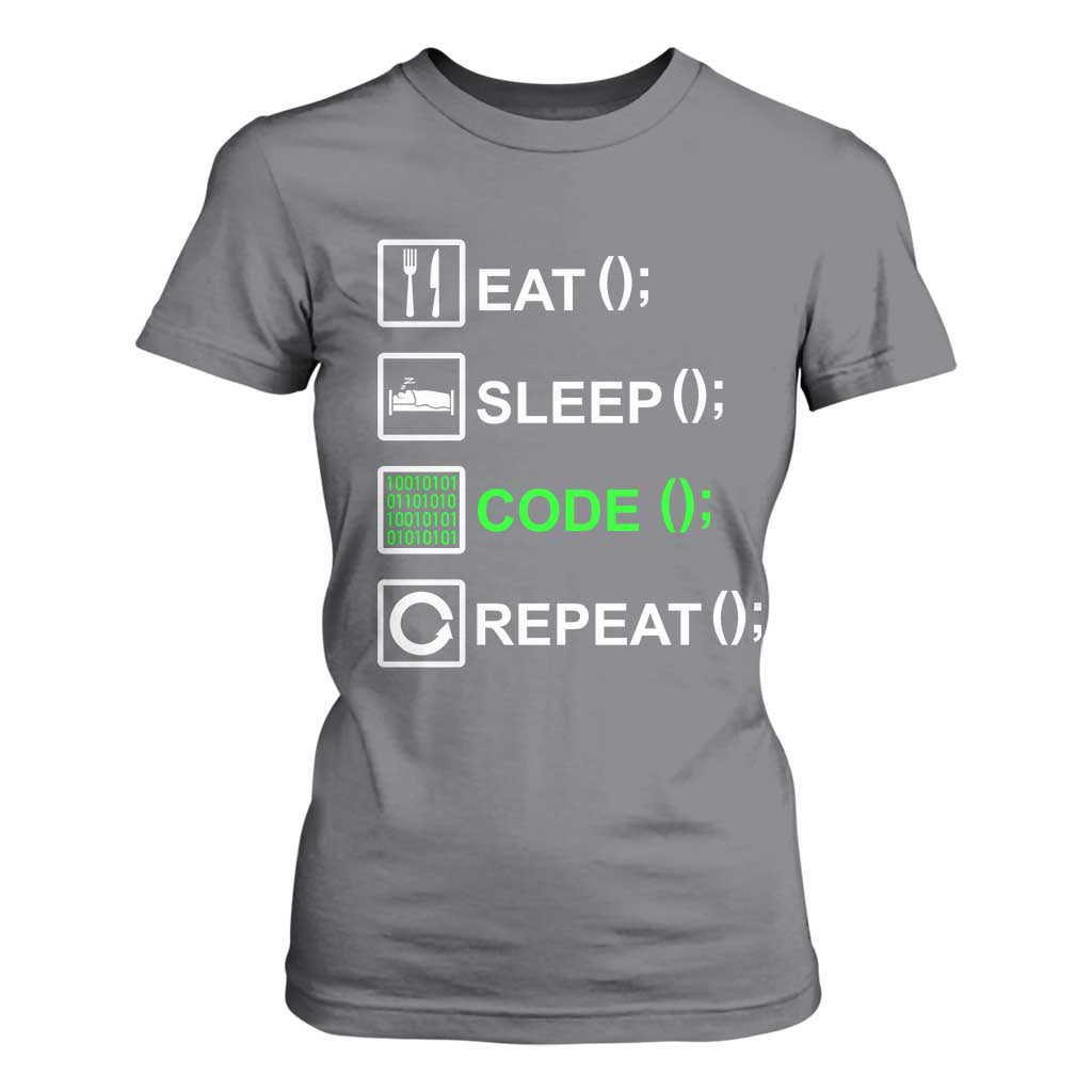 Funny Coder T Shirt For Women Eat Sleep Code Repeat TS09 Charcoal Print Your Wear
