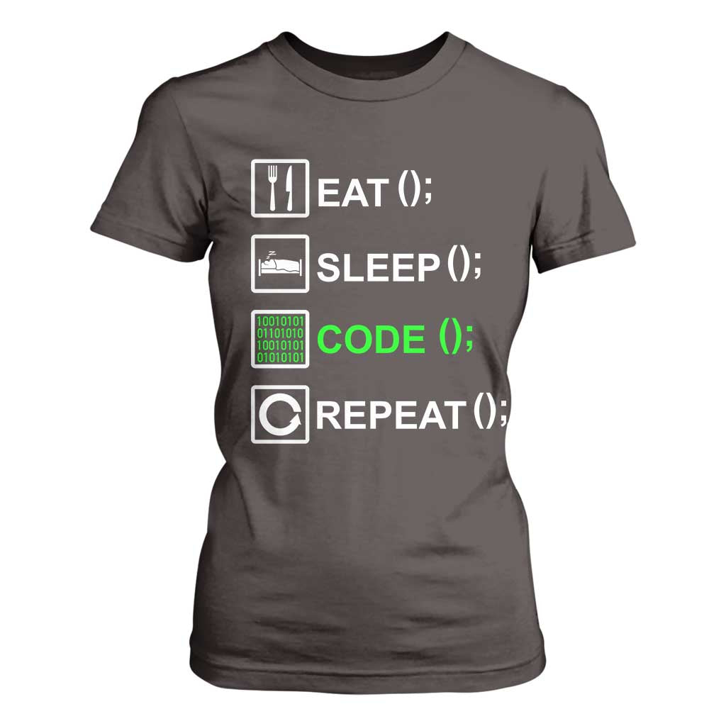 Funny Coder T Shirt For Women Eat Sleep Code Repeat TS09 Dark Chocolate Print Your Wear