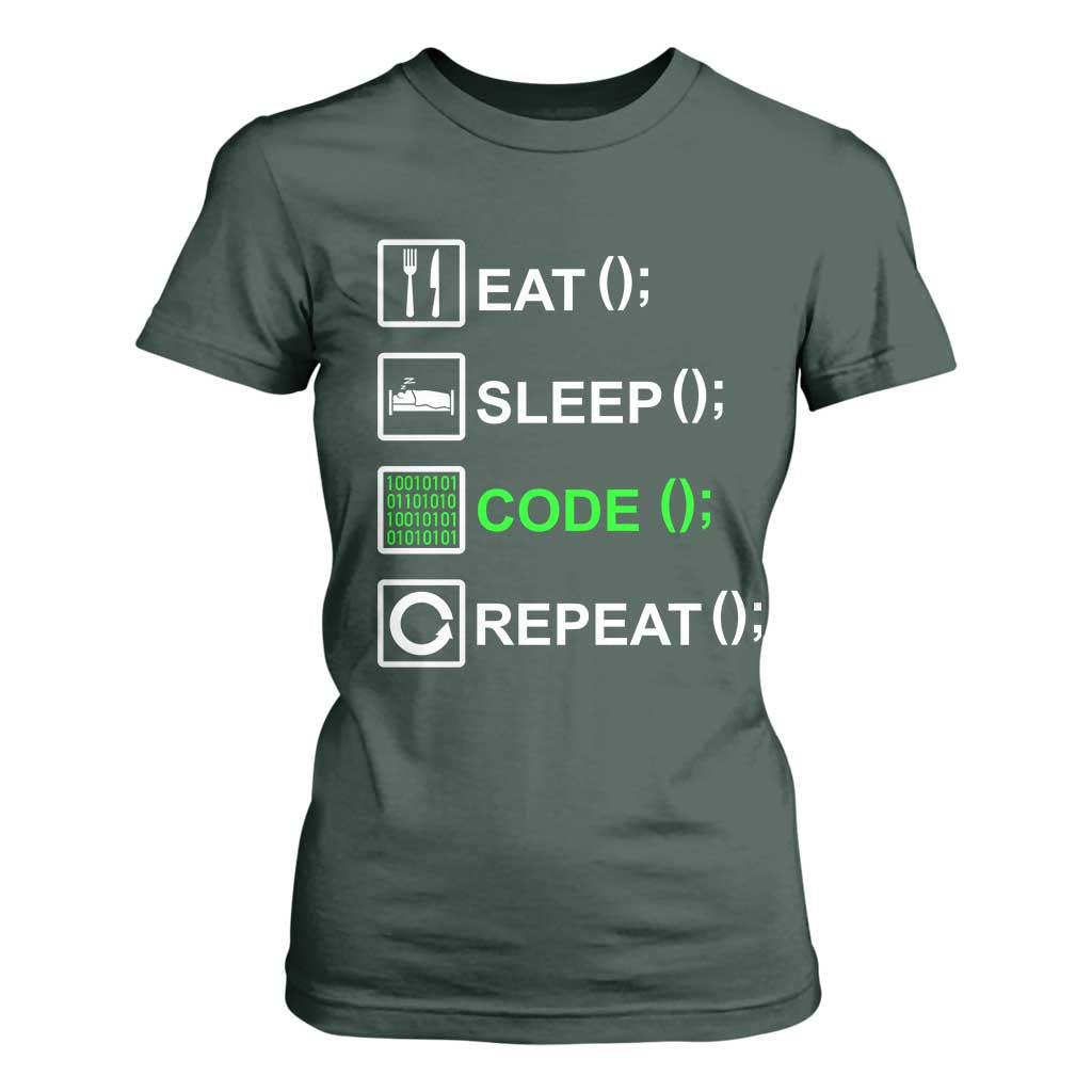 Funny Coder T Shirt For Women Eat Sleep Code Repeat TS09 Dark Forest Green Print Your Wear