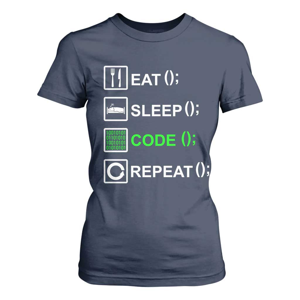 Funny Coder T Shirt For Women Eat Sleep Code Repeat TS09 Navy Print Your Wear