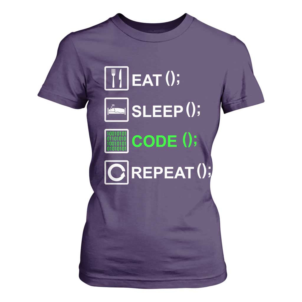 Funny Coder T Shirt For Women Eat Sleep Code Repeat TS09 Purple Print Your Wear
