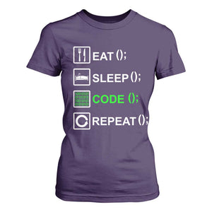 Funny Coder T Shirt For Women Eat Sleep Code Repeat TS09 Purple Print Your Wear
