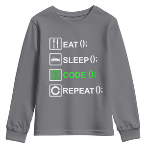 Funny Coder Youth Sweatshirt Eat Sleep Code Repeat TS09 Charcoal Print Your Wear