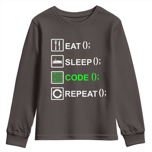 Funny Coder Youth Sweatshirt Eat Sleep Code Repeat TS09 Dark Chocolate Print Your Wear