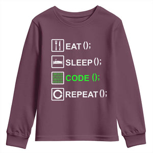 Funny Coder Youth Sweatshirt Eat Sleep Code Repeat TS09 Maroon Print Your Wear