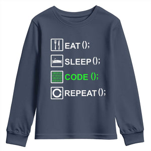 Funny Coder Youth Sweatshirt Eat Sleep Code Repeat TS09 Navy Print Your Wear