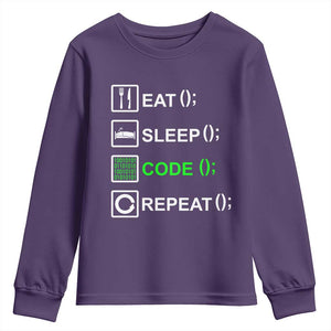 Funny Coder Youth Sweatshirt Eat Sleep Code Repeat TS09 Purple Print Your Wear