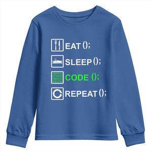 Funny Coder Youth Sweatshirt Eat Sleep Code Repeat TS09 Royal Blue Print Your Wear