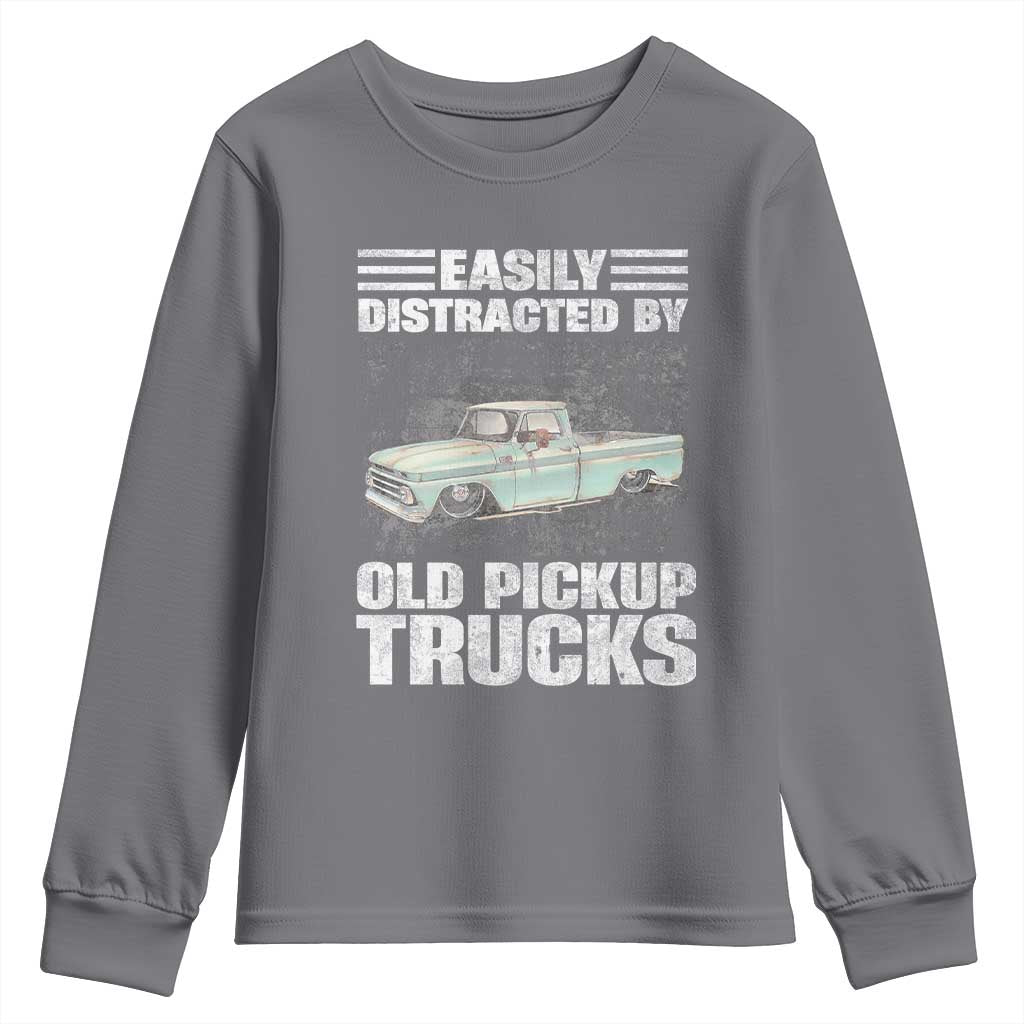 Truck Driver Youth Sweatshirt Easily Distracted By Old Pickup Trucks TS09 Charcoal Print Your Wear