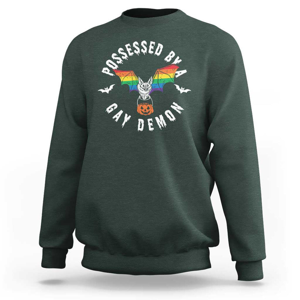 Funny Halloween LGBT Sweatshirt Possessed By Gay Demon Rainbow Bat TS09 Dark Forest Green Print Your Wear