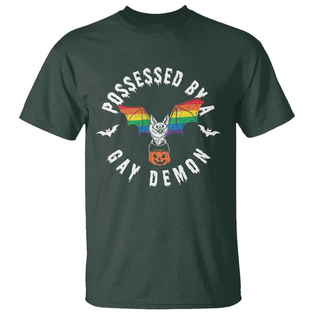 Funny Halloween LGBT T Shirt Possessed By Gay Demon Rainbow Bat TS09 Dark Forest Green Print Your Wear
