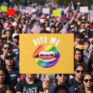 Vampire Gay Protest Sign Bite Me Funny Halloween Spooky LGBT TS09 Horizontal 18" × 24" Yellow Print Your Wear