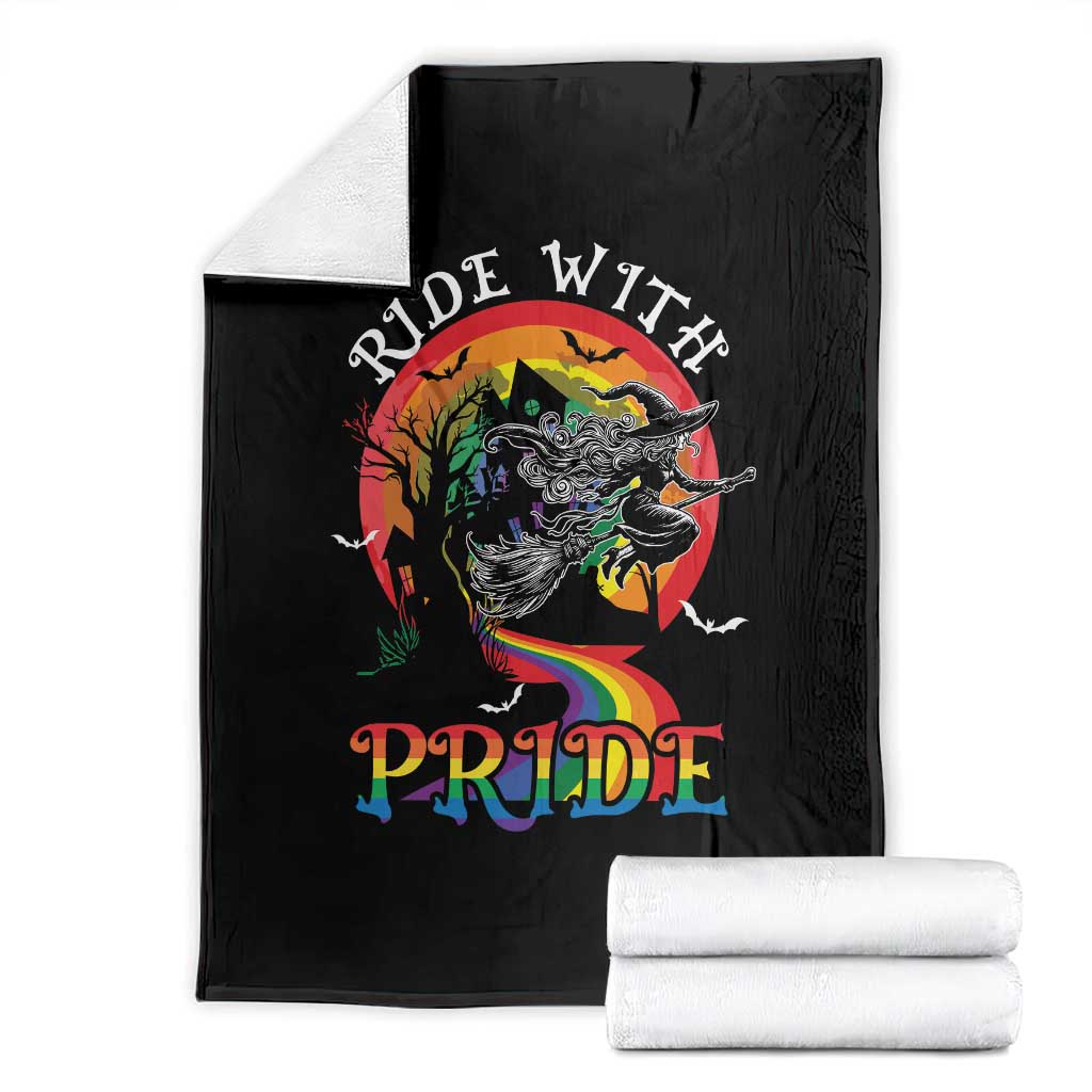Funny Halloween LGBT Throw Blanket Ride With Pride Witch Rainbow Spooky And Pride TS09 Black Print Your Wear