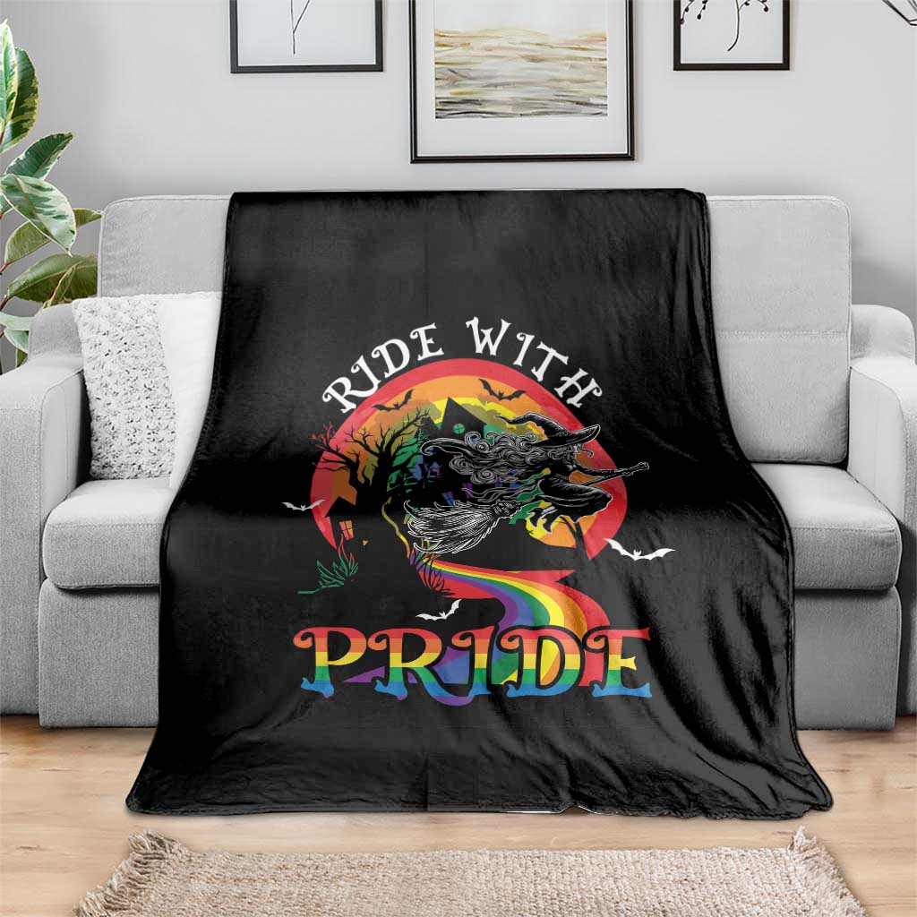 Funny Halloween LGBT Throw Blanket Ride With Pride Witch Rainbow Spooky And Pride TS09 Print Your Wear