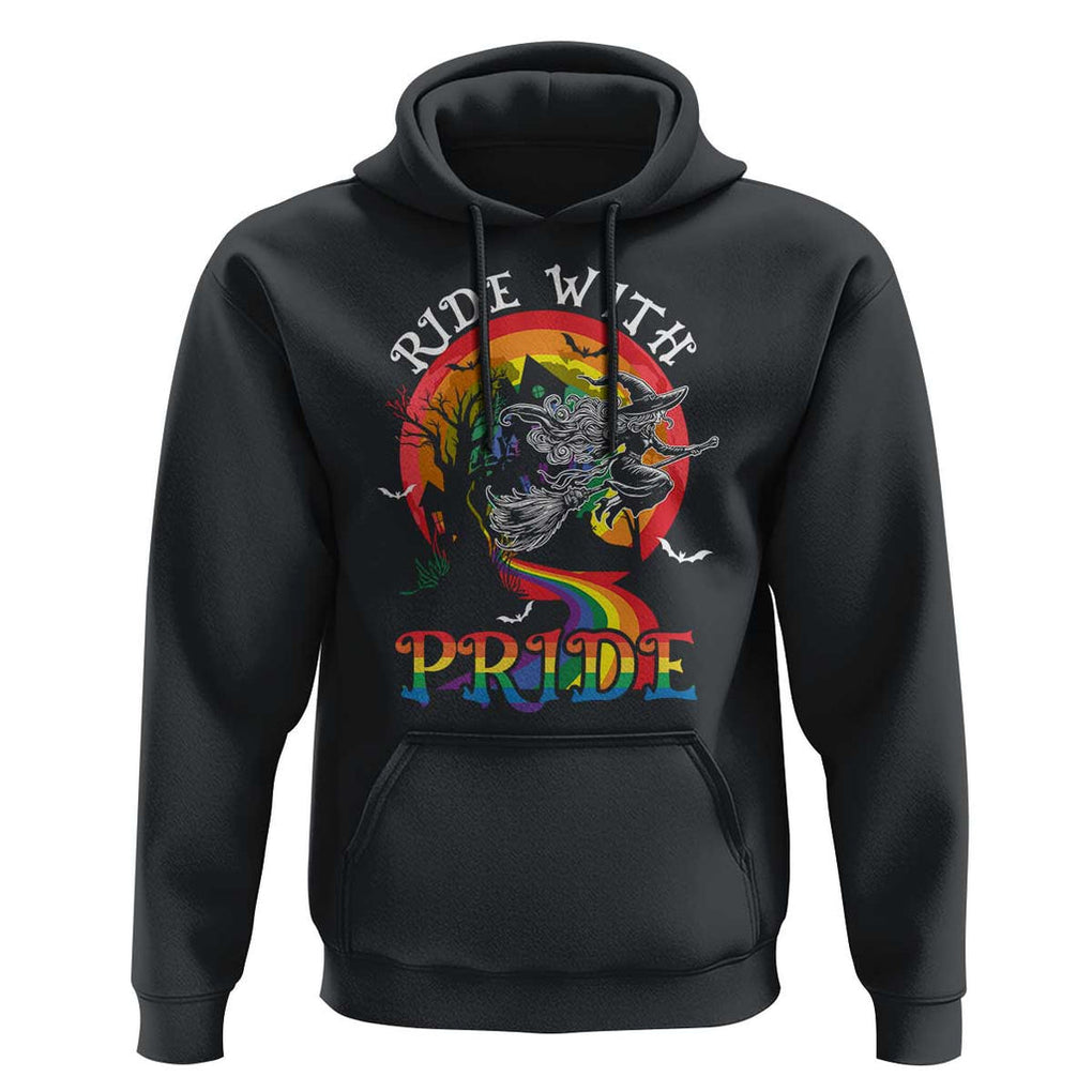 Funny Halloween LGBT Hoodie Ride With Pride Witch Rainbow Spooky And Pride TS09 Black Print Your Wear