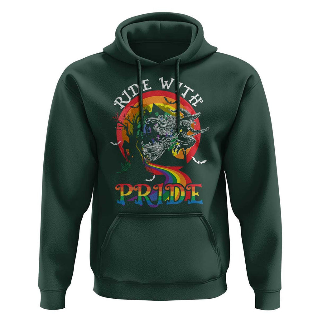 Funny Halloween LGBT Hoodie Ride With Pride Witch Rainbow Spooky And Pride TS09 Dark Forest Green Print Your Wear
