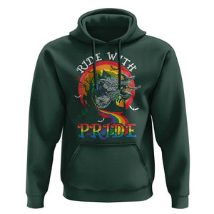 Funny Halloween LGBT Hoodie Ride With Pride Witch Rainbow Spooky And Pride TS09 Dark Forest Green Print Your Wear