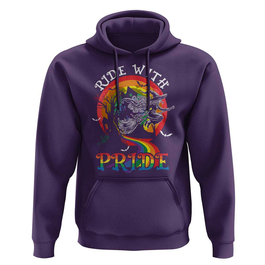Funny Halloween LGBT Hoodie Ride With Pride Witch Rainbow Spooky And Pride TS09 Purple Print Your Wear