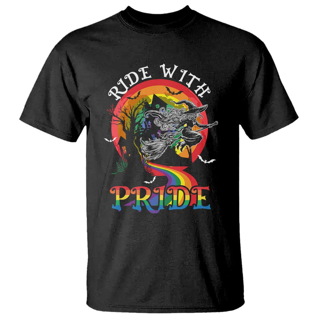 Funny Halloween LGBT T Shirt Ride With Pride Witch Rainbow Spooky And Pride TS09 Black Print Your Wear