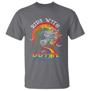 Funny Halloween LGBT T Shirt Ride With Pride Witch Rainbow Spooky And Pride TS09 Charcoal Print Your Wear