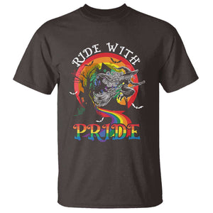 Funny Halloween LGBT T Shirt Ride With Pride Witch Rainbow Spooky And Pride TS09 Dark Chocolate Print Your Wear
