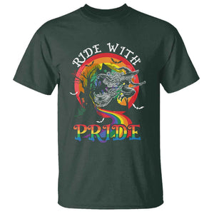 Funny Halloween LGBT T Shirt Ride With Pride Witch Rainbow Spooky And Pride TS09 Dark Forest Green Print Your Wear
