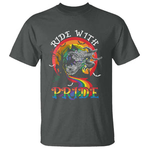 Funny Halloween LGBT T Shirt Ride With Pride Witch Rainbow Spooky And Pride TS09 Dark Heather Print Your Wear