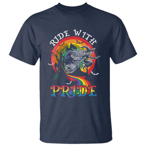 Funny Halloween LGBT T Shirt Ride With Pride Witch Rainbow Spooky And Pride TS09 Navy Print Your Wear