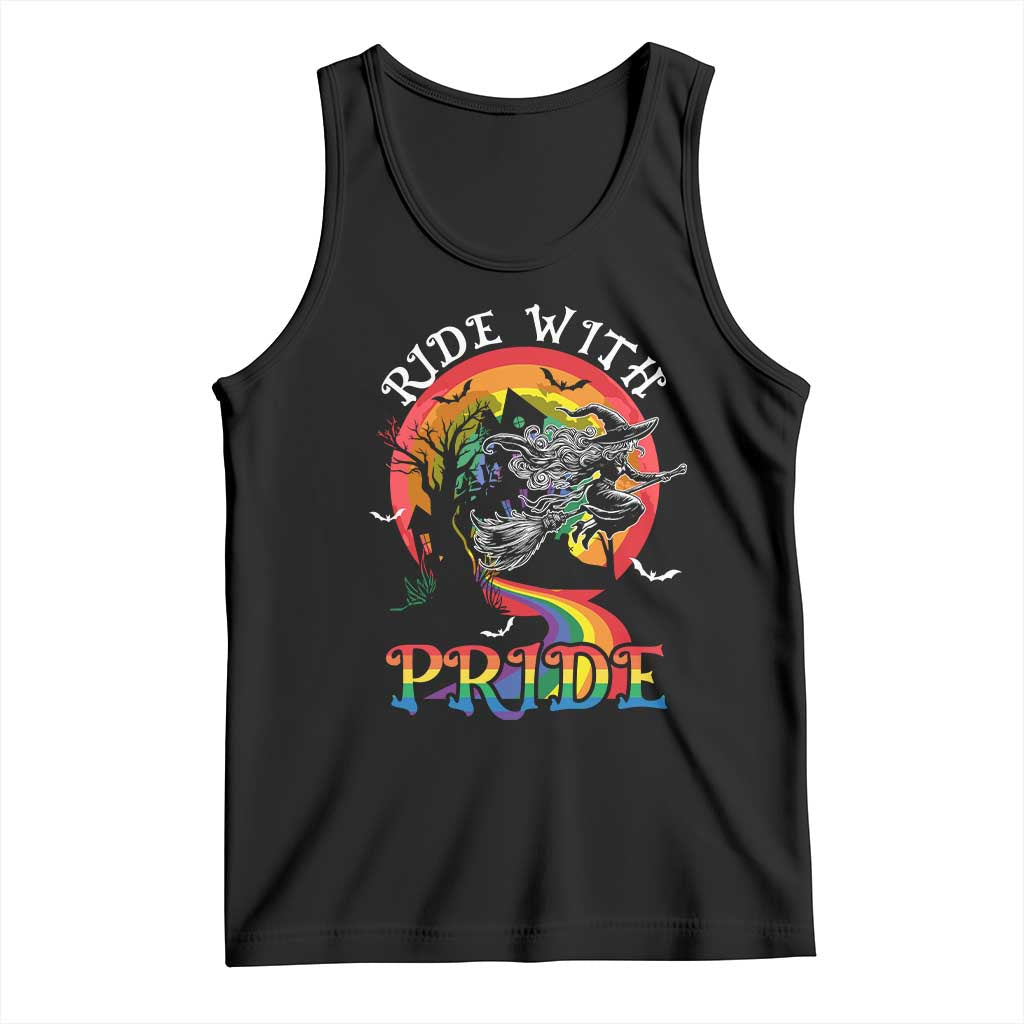 Funny Halloween LGBT Tank Top Ride With Pride Witch Rainbow Spooky And Pride TS09 Black Print Your Wear