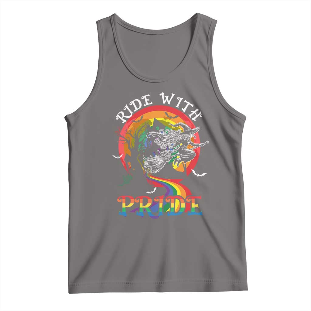 Funny Halloween LGBT Tank Top Ride With Pride Witch Rainbow Spooky And Pride TS09 Deep Heather Print Your Wear