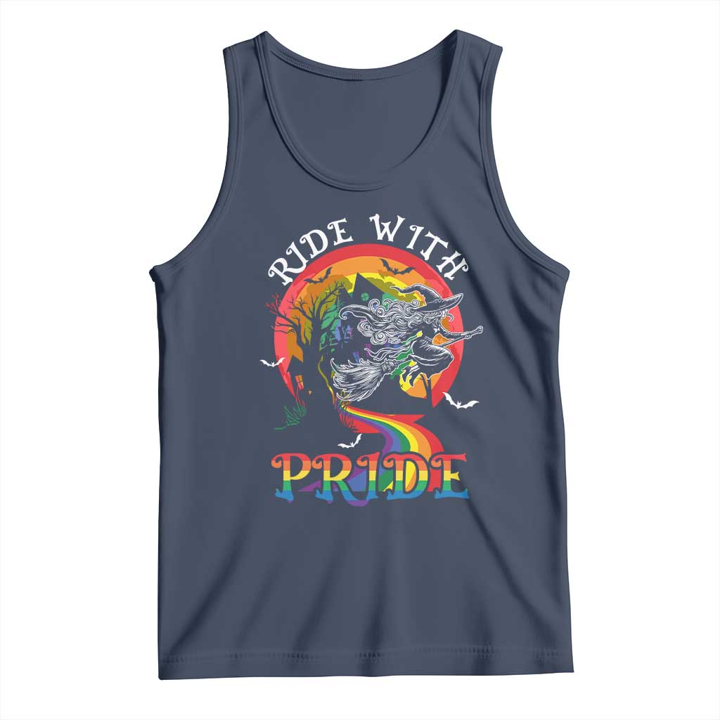 Funny Halloween LGBT Tank Top Ride With Pride Witch Rainbow Spooky And Pride TS09 Navy Print Your Wear