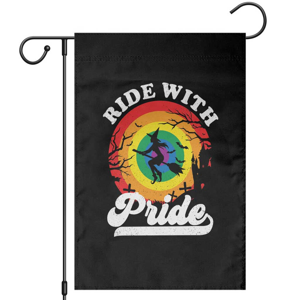 Funny Halloween LGBT Garden Flag Ride With Pride Witch Rainbow TS09 Black Print Your Wear