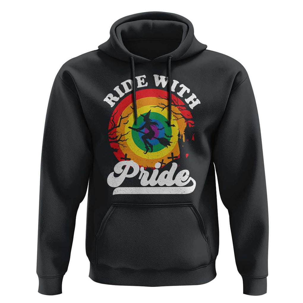 Funny Halloween LGBT Hoodie Ride With Pride Witch Rainbow TS09 Black Print Your Wear