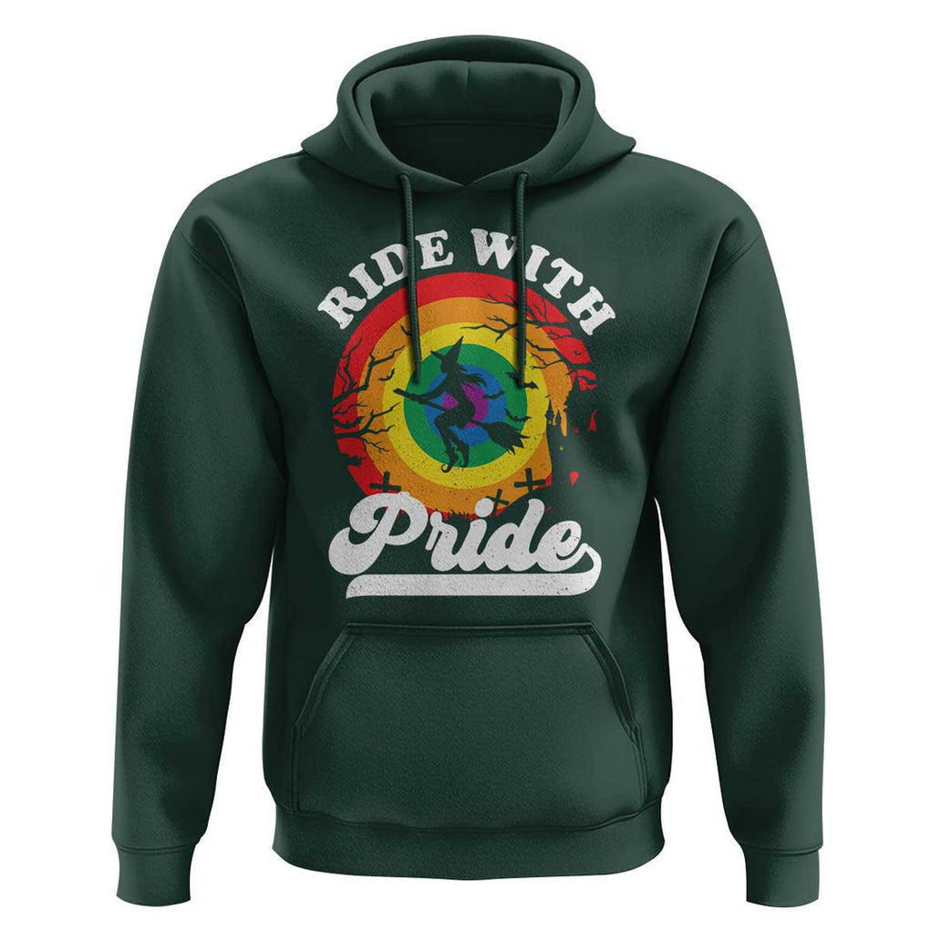 Funny Halloween LGBT Hoodie Ride With Pride Witch Rainbow TS09 Dark Forest Green Print Your Wear