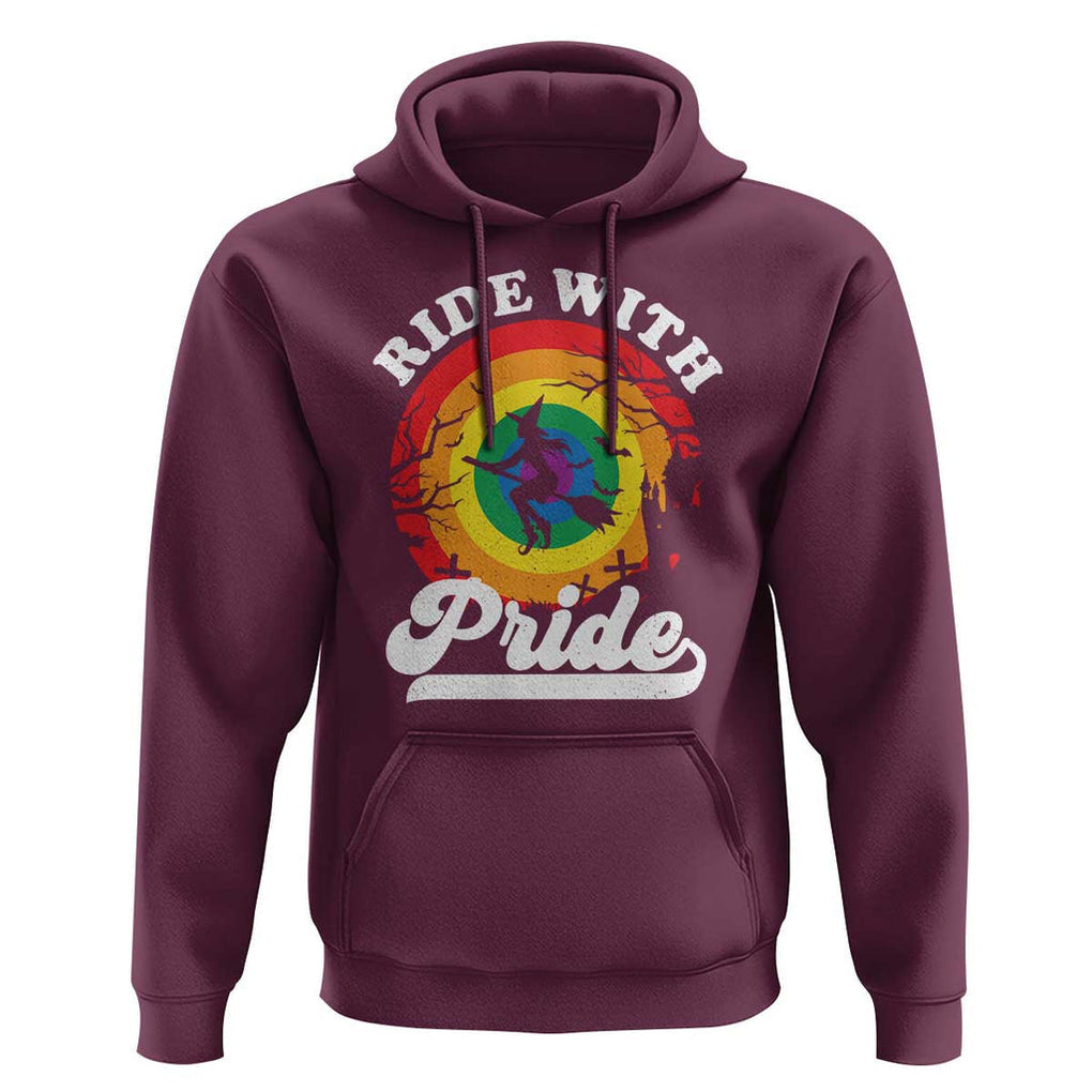 Funny Halloween LGBT Hoodie Ride With Pride Witch Rainbow TS09 Maroon Print Your Wear