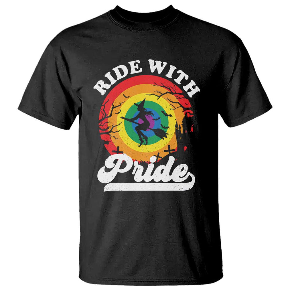 Funny Halloween LGBT T Shirt Ride With Pride Witch Rainbow TS09 Black Print Your Wear