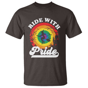 Funny Halloween LGBT T Shirt Ride With Pride Witch Rainbow TS09 Dark Chocolate Print Your Wear
