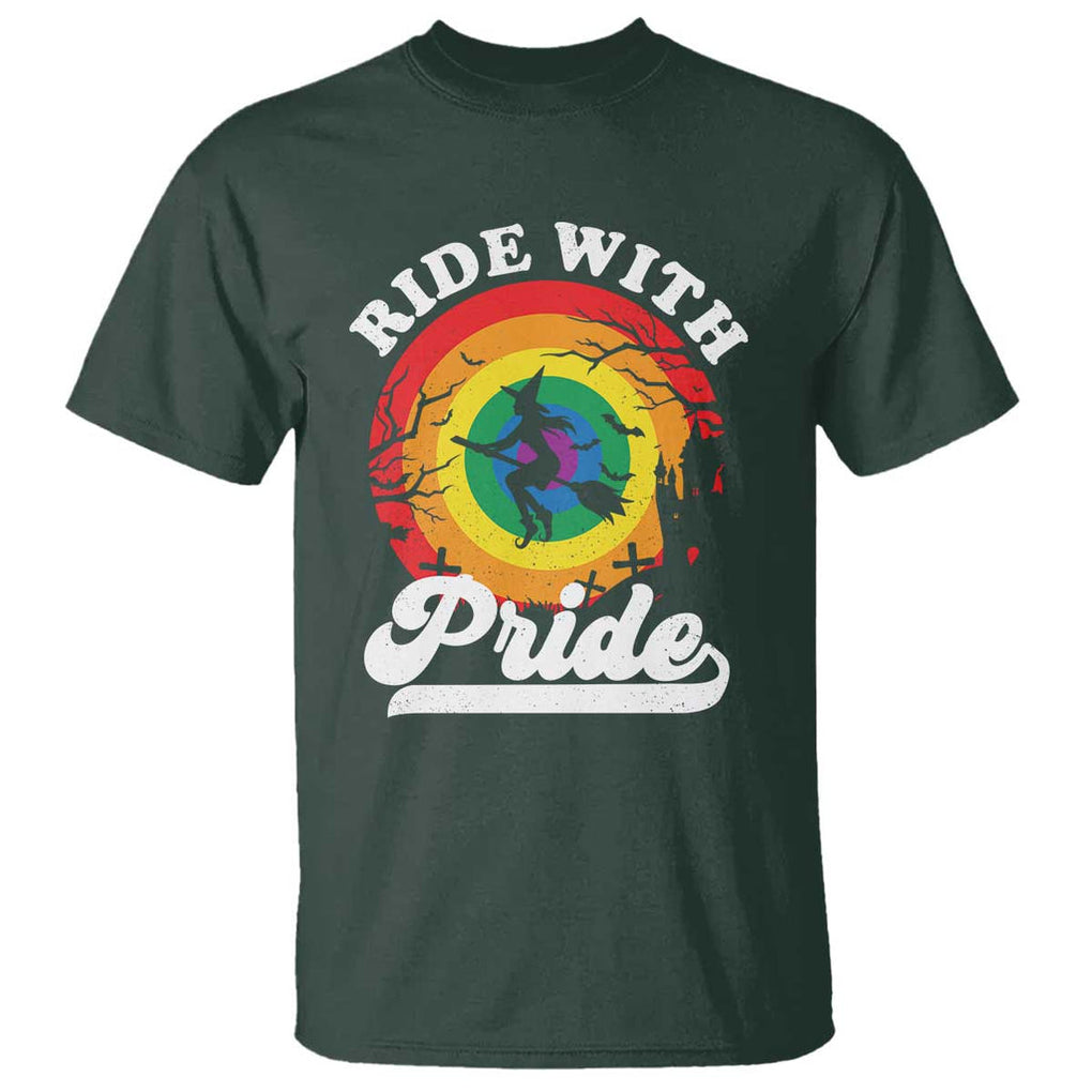 Funny Halloween LGBT T Shirt Ride With Pride Witch Rainbow TS09 Dark Forest Green Print Your Wear