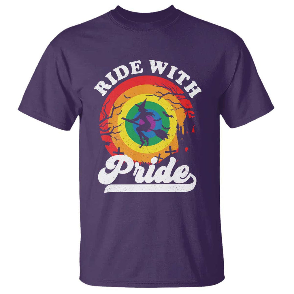 Funny Halloween LGBT T Shirt Ride With Pride Witch Rainbow TS09 Purple Print Your Wear