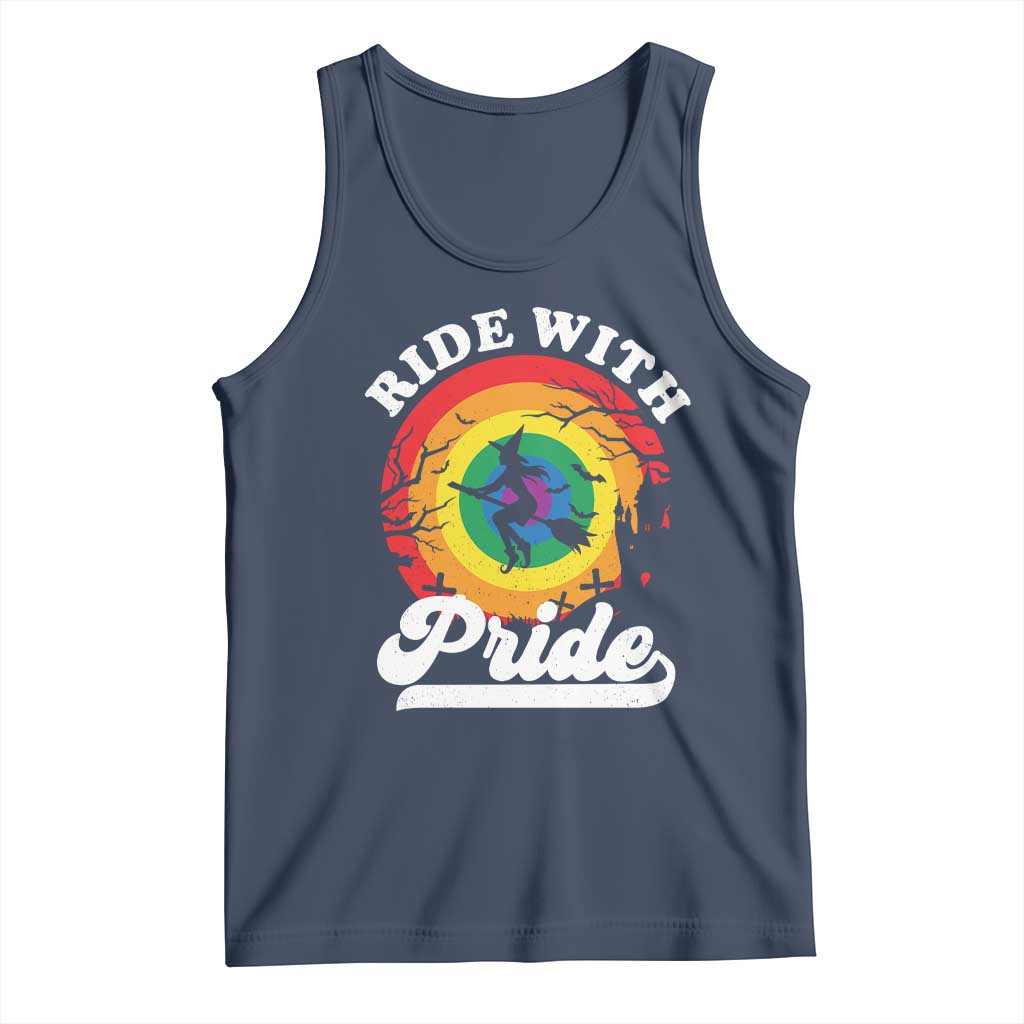 Funny Halloween LGBT Tank Top Ride With Pride Witch Rainbow TS09 Navy Print Your Wear