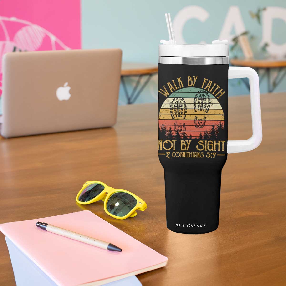 Christian Tumbler With Handle Walk By Faith Not By Sight Retro TS09 Print Your Wear
